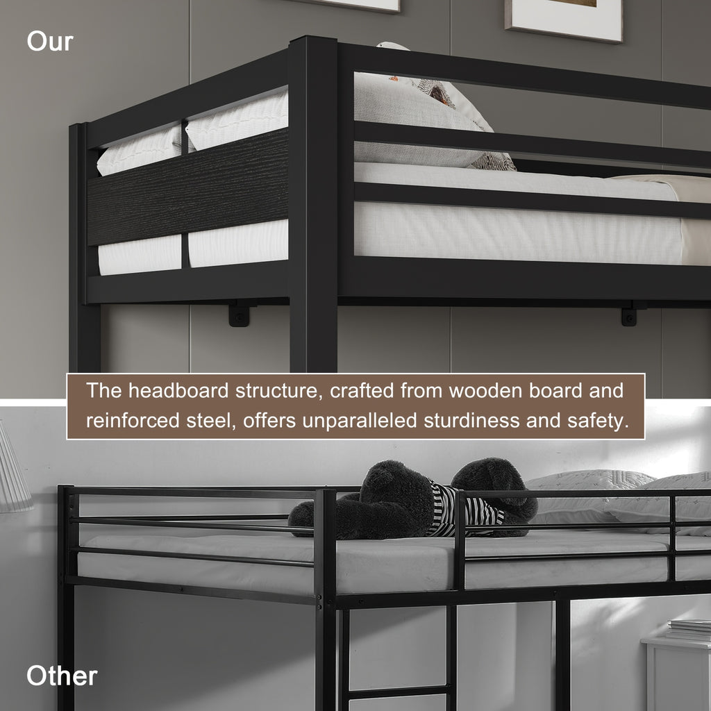 77.5"L Heavy Duty Metal Bed Frame, Twin Over Twin Or Full Over Twin Bunk Bed with Full Length Guardrails And Ladder, Black/Rustic Brown/White Options, Easy Assembly, Suitable for Shared Bedrooms, Bed Frame Without Mattress