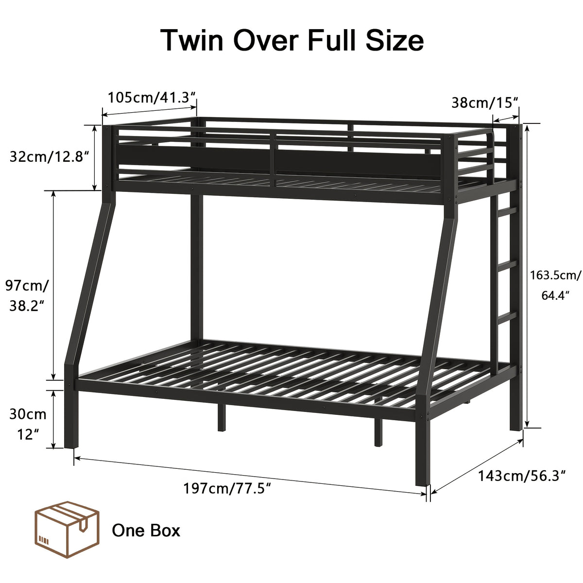 77.5"L Heavy Duty Metal Bed Frame, Twin Over Twin Or Full Over Twin Bunk Bed with Full Length Guardrails And Ladder, Black/Rustic Brown/White Options, Easy Assembly, Suitable for Shared Bedrooms, Bed Frame Without Mattress