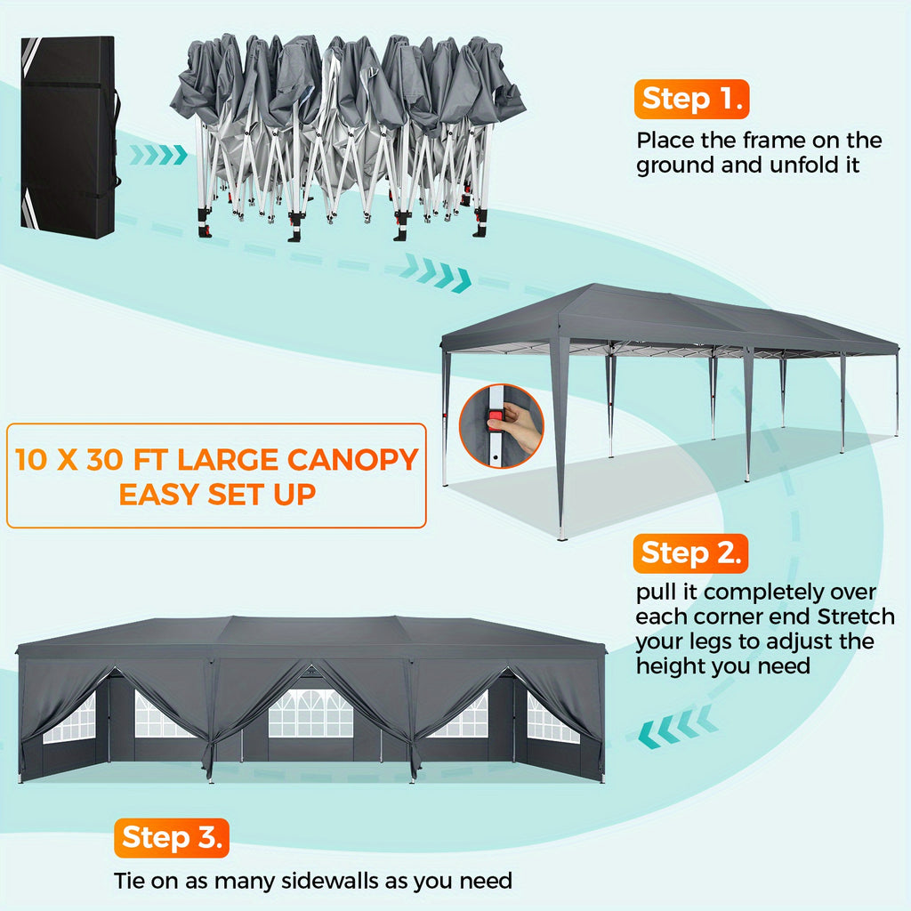 10x30ft/10x20ft Pop-up Canopy Tent, Canopy with 8 Removable Sidewalls, with Sandbags And Carry Bag, Three Adjustable Heights, Perfect for Patios, Lawns And Gardens, Event Parties, Market Stalls