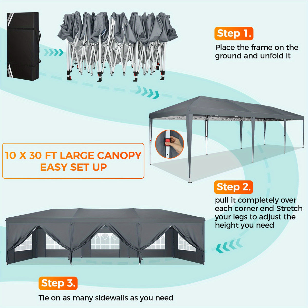 10x30ft/10x20ft Pop-up Canopy Tent, Canopy with 8 Removable Sidewalls, with Sandbags And Carry Bag, Three Adjustable Heights, Perfect for Patios, Lawns And Gardens, Event Parties, Market Stalls