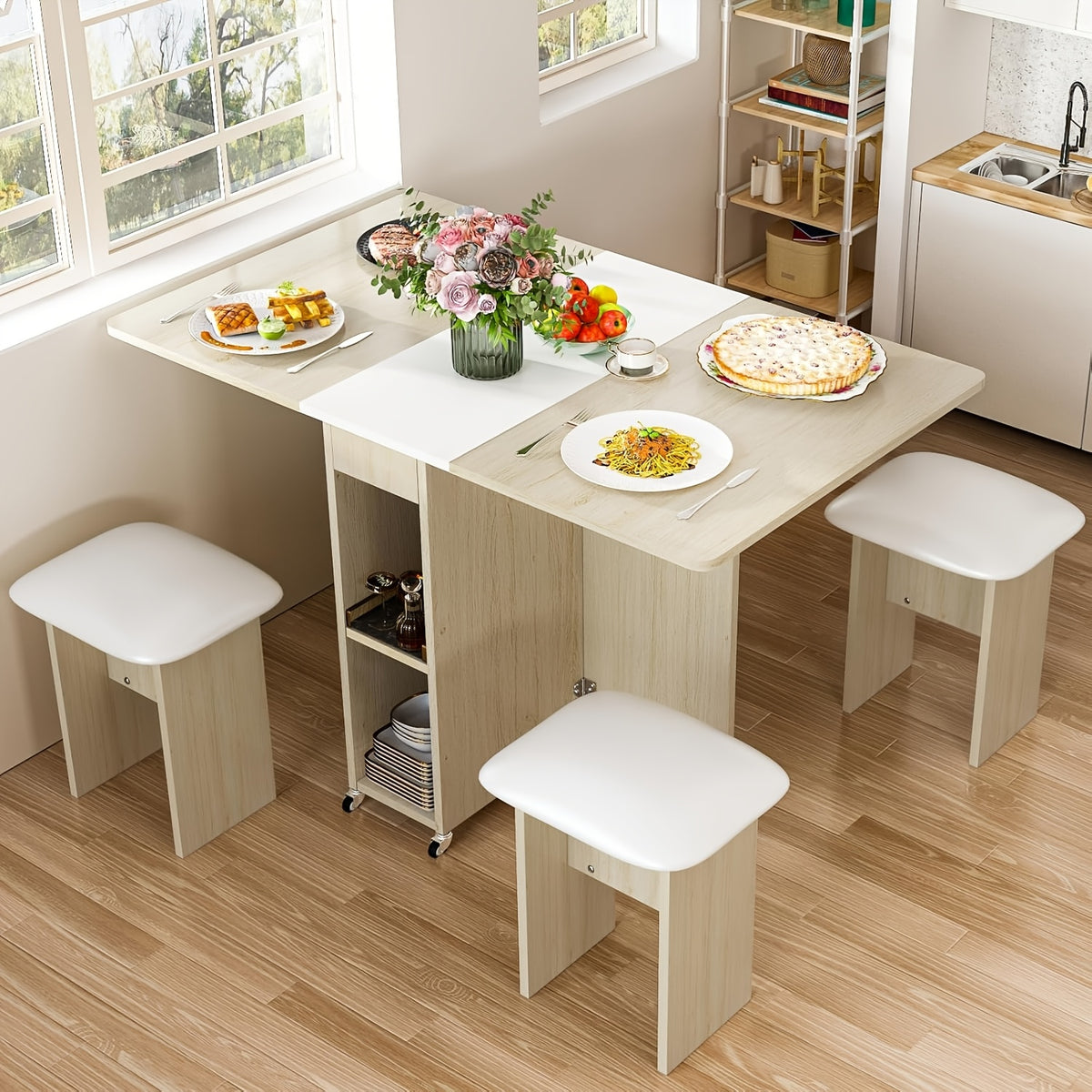 Folding Dining Table Set for 4, Kitchen Table with 4 Faux Leather Chairs And Shelves, Space Saving Wood Rectangle Foldable Kitchen & Dining Room Tables for Small Space with 6 Wheels