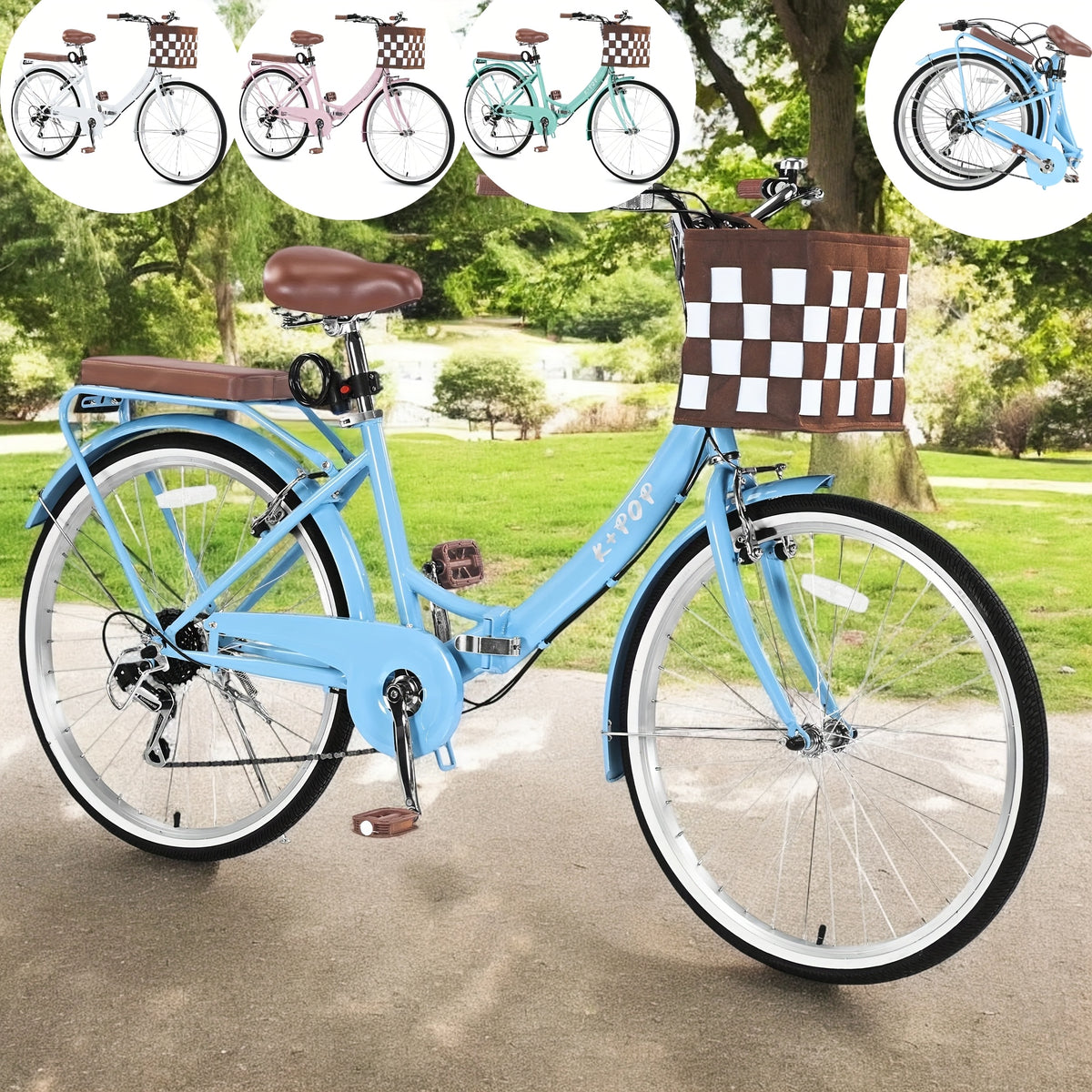26" Foldable Beach Bike with Basket for Women - Lightweight 7-Speed Urban Commuter Bicycle, Adjustable Waterproof Seat, Detachable Rear Soft Saddle, Aluminum Alloy Wheels, Multiple Colors (Blue, Pink, Green, White), Easy Storage Bike | Checkered Board Bas