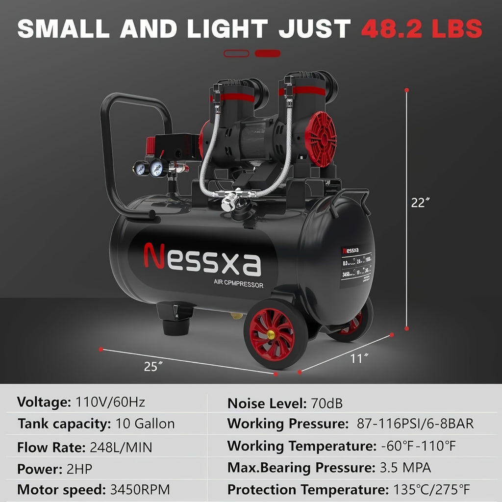 10 Gallon Ultra Quiet Air Compressor with Two Quick Couplers, 2HP 8.76 CFM at 115PSI Oil-Free Air Compressor Tank, 110V/60Hz, Spray Painting, Woodwork Nailing