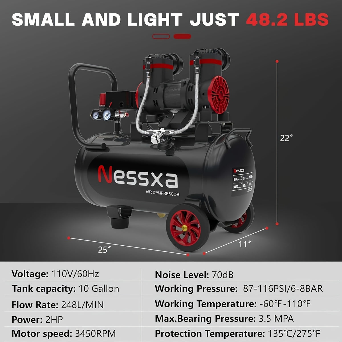 10 Gallon Ultra Quiet Air Compressor with Two Quick Couplers, 2HP 8.76 CFM at 115PSI Oil-Free Air Compressor Tank, 110V/60Hz, Spray Painting, Woodwork Nailing