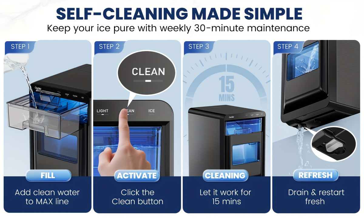 Countertop Nugget Ice Maker, Qunler 44 Lbs/day Stainless Steel Self-Cleaning Chewable Pellet Ice Machine with Independent Water Tank, Ice Scoop & Ice Basket for RV Trips, Camping, Beach Houses, Cabins & Patio Drinks