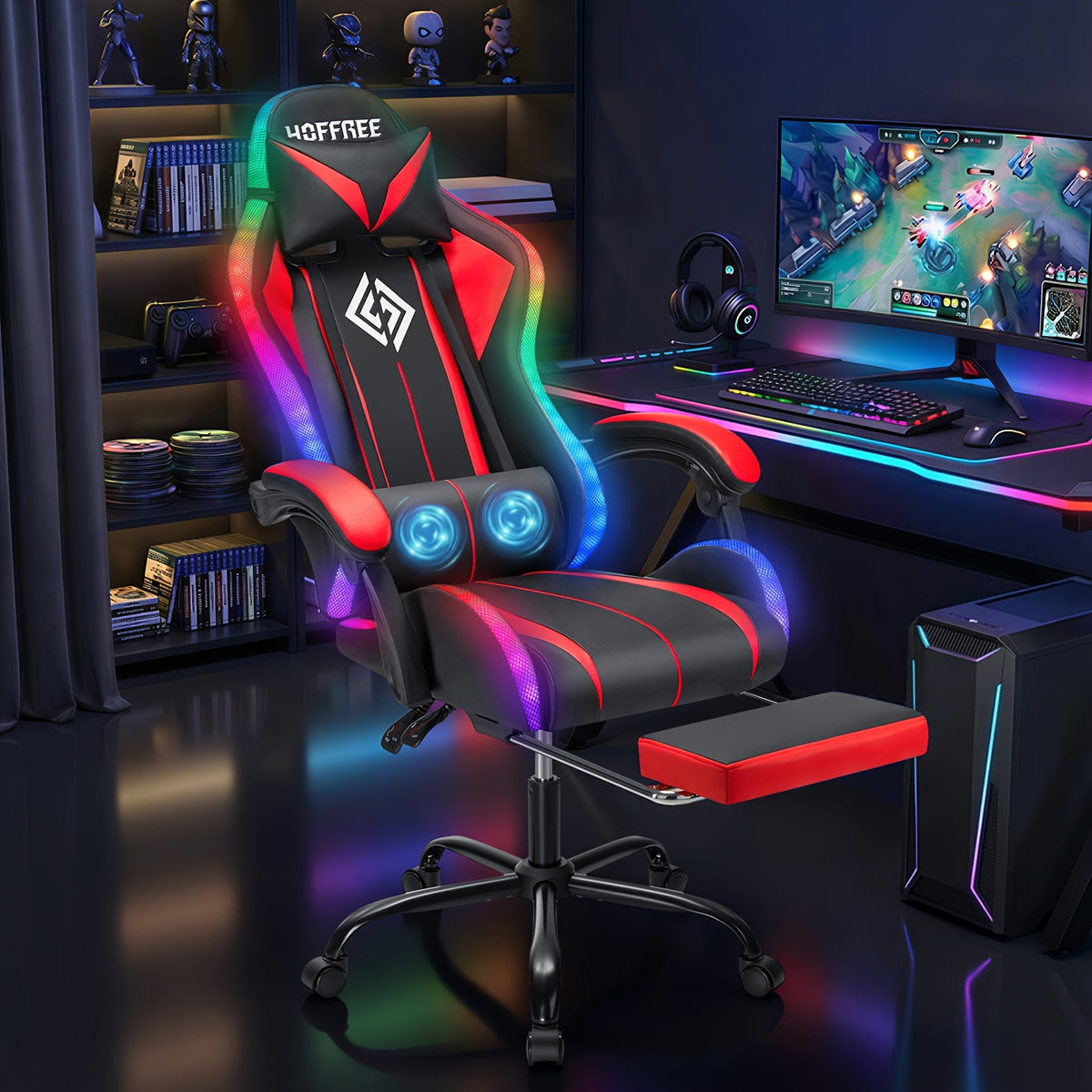 RGB Gaming Chair with LED Lights And Massage Ergonomic Computer Chair High Back Video Game Chair with Footrest And Adjustable Lumbar Support Linkage Armrest
