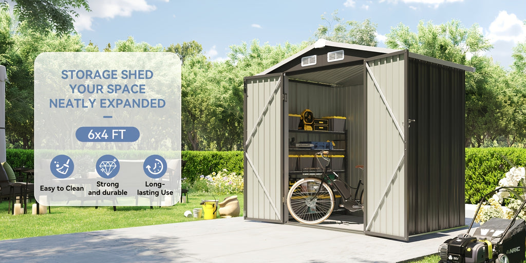 6X4/8X6/10X8/10X12Ft Gable Roof Metal Storage Shed, Heavy Duty Outdoor Garden Shed with Lockable Doors And Vents, Weather-Resistant Utility Shed for Backyard Tools, Brown/Black