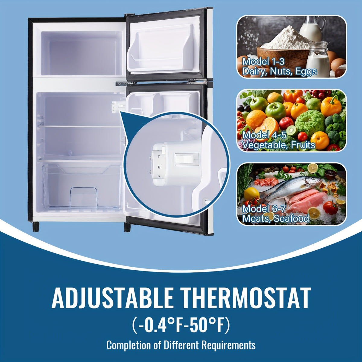 5.0/3.5/2.5 Cu.ft Small Fridge with Freezer 2-Door Compact Refrigerator 7-Level Adjustable Thermostat, Removable Shelves and Bakset, Perfect for Dorm, Office, RV, Bedroom, Silvery