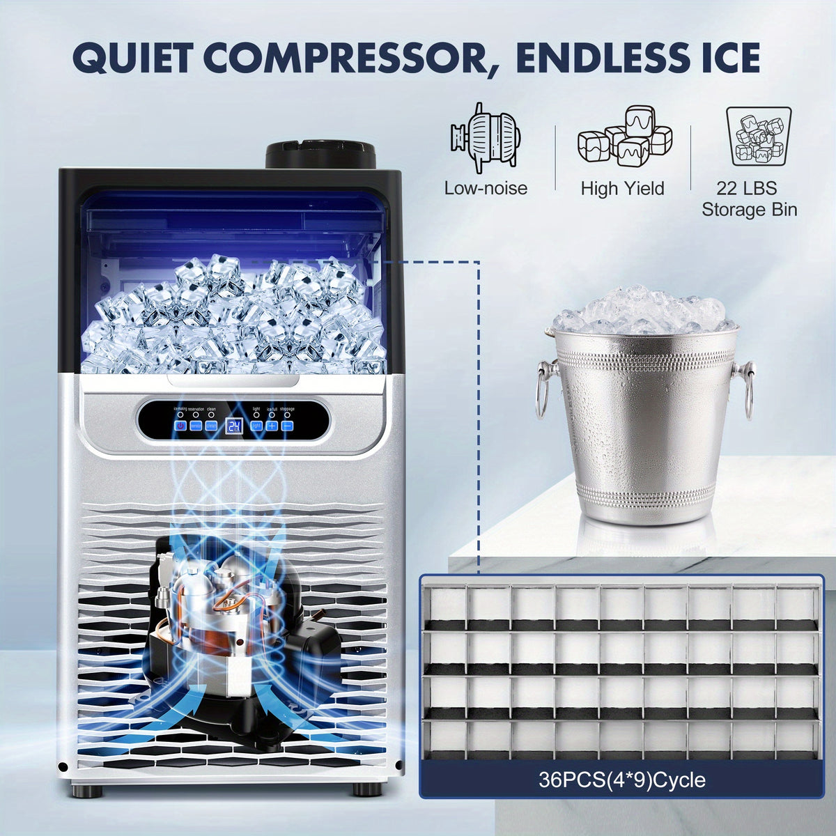 [For Home/Party/Bar] Commercial Ice Maker Machine 90LBS/24H With 22LBS Storage Bin, Freestanding/Under Counter Ice Machine For Home/Party/Bar/Restaurant
