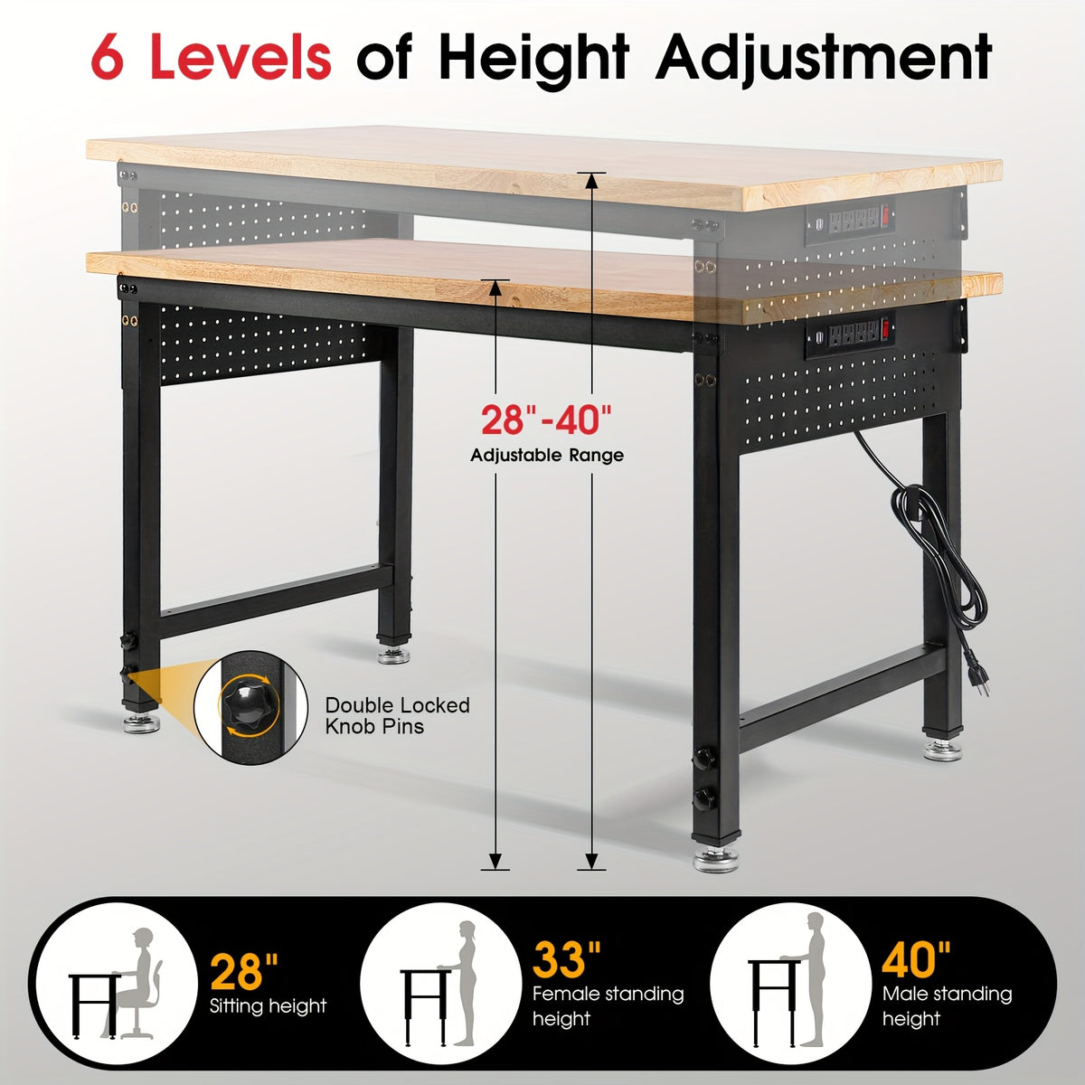 [Heavy Duty Workbench] 48"×24" Heavy Duty Workbench With Wheels, 2000 LBS Load Capacity Thick Solid Wood Work Table With Power Outlets, Pegboard, Work Bench For Garage, Office, Home, Workshop, Commercial