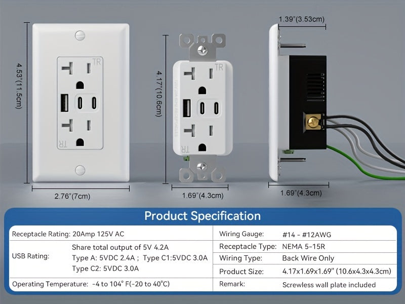 12pcs set of ELEGRP, white USB socket with 3 USB ports and 20A wall plug, dual USB C port socket, TR tamper-proof USB socket including wall plate