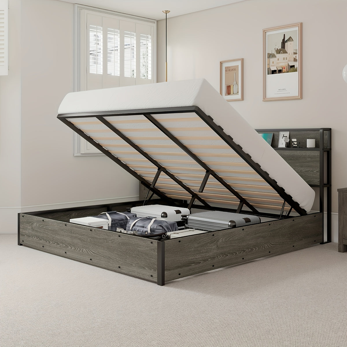 Full Queen King Size Lift Up Storage Bed, Wood Platform Bed Frame with Storage Headboard & Charging Station, No Box Spring Needed, Easy Assembly