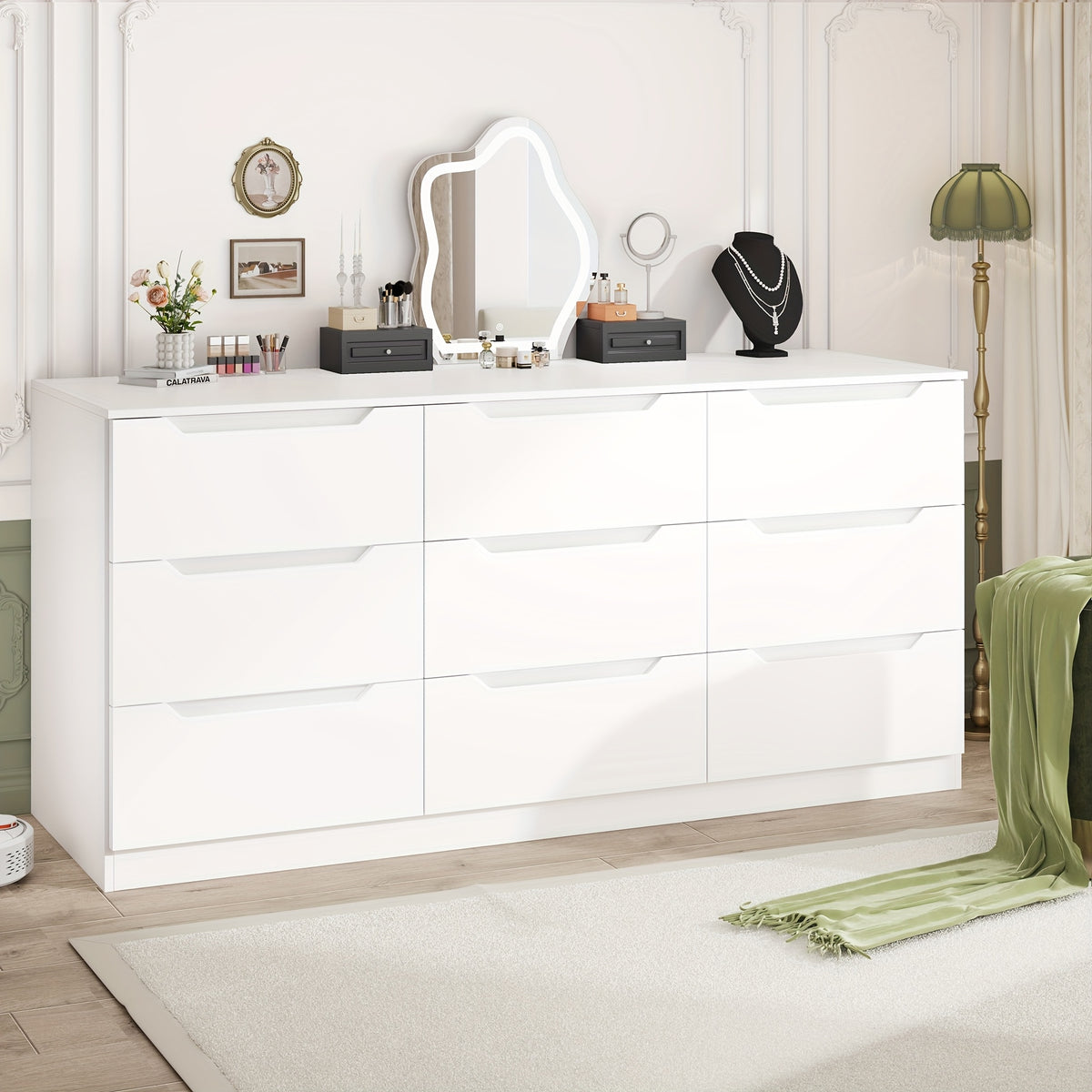 Winkalon 9-Drawer Dresser for The Bedroom, Black And White Chest of Drawers, Contemporary Storage Cabinet, Wooden Organizer for Living Room, Hallway, Entryway, And Home Office