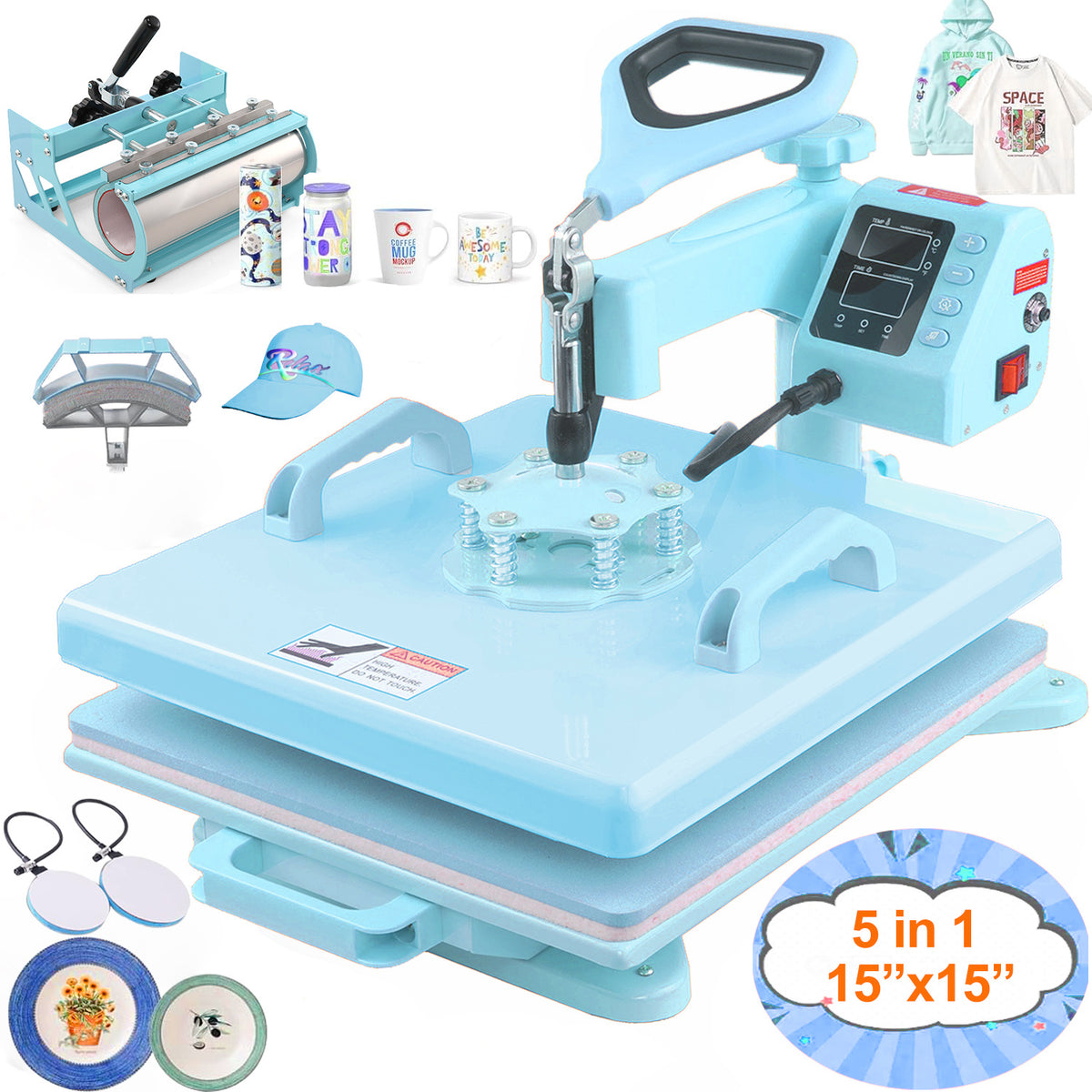 Heat Press Machine 15 x 15 Inch by HOMDOX — 5-in-1 or 8-in-1 Swing-Away Combo for Shirts and Tumblers