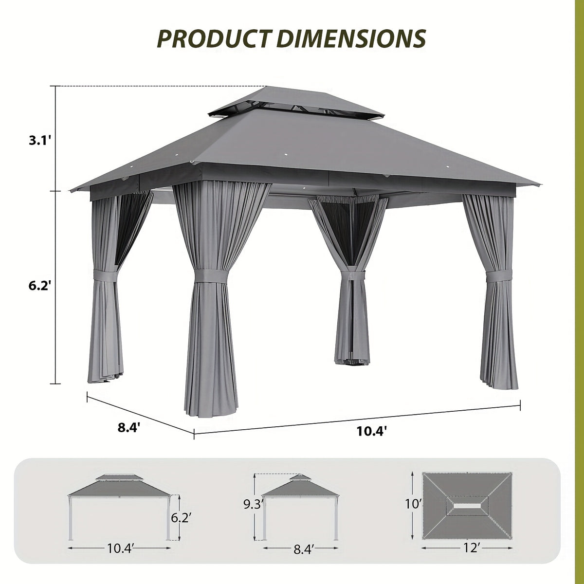 10'X12' Outdoor Double Ventilated Gazebo & Pergola On, Heavy Metal Frame Double Roof, Party Tent with Mosquito Net And Privacy Screen, Suitable for Backyard, Lawn, Garden, Deck (Grey/Beige/Blue 10'X12'/10'X10/8'X8')