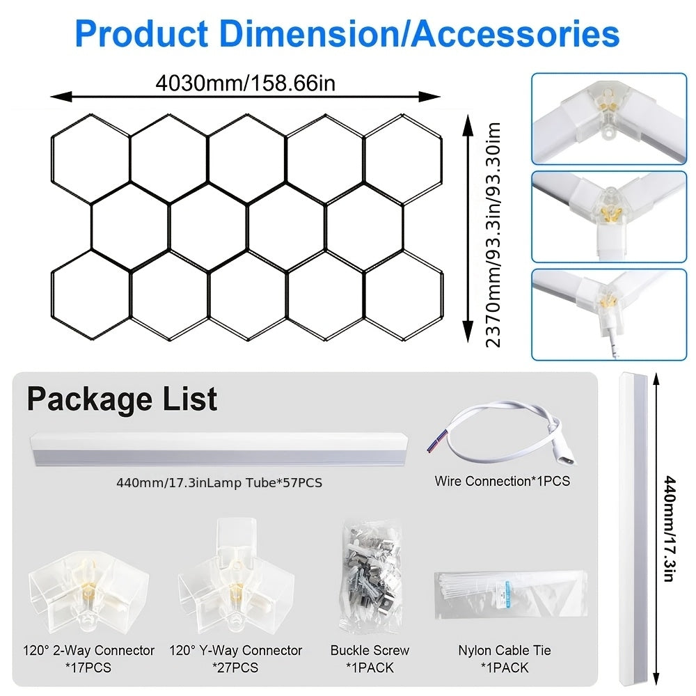 High-brightness LED Garage Light. Hexagonal Honeycomb Garage Light, Barber Shop Ceiling Light, Modern Design, Single Tube 850 Lumens, Framed LED Light Total 58650 Lumens