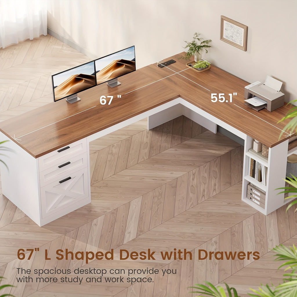 Farmhouse L-Shaped Desk with Storage, Large Computer Desk with Power Outlets, Home Office Desk with Drawers And Open Shelves, Corner Wood Desk, White And Brown Top