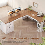 Farmhouse L-Shaped Desk with Storage, Large Computer Desk with Power Outlets, Home Office Desk with Drawers And Open Shelves, Corner Wood Desk, White And Brown Top
