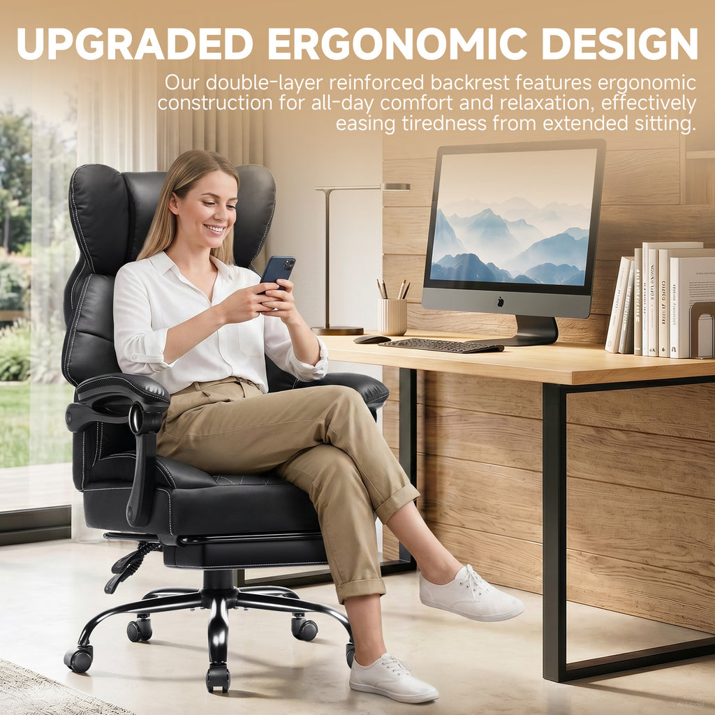 Ergonomic High Back Office Chair with Linkage Widened Armrest, Big&Tall Executive Office Chair, Gaming Chair, Thick Pocket Spring Wide Seated Cushion, Desk Chair with Retractable Footrest for Adults, Faux Leather/Corduroy/Fabric, OC-305