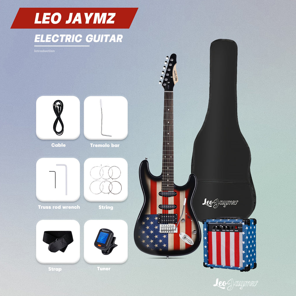 Leo Jaymz 39 Inch Full Size Electric Guitar Kit Electric Guitar Beginner Kits - 20W Amplifier, Digital Tuner, Carring Bag, Shoulder Strap, Connecting Cable