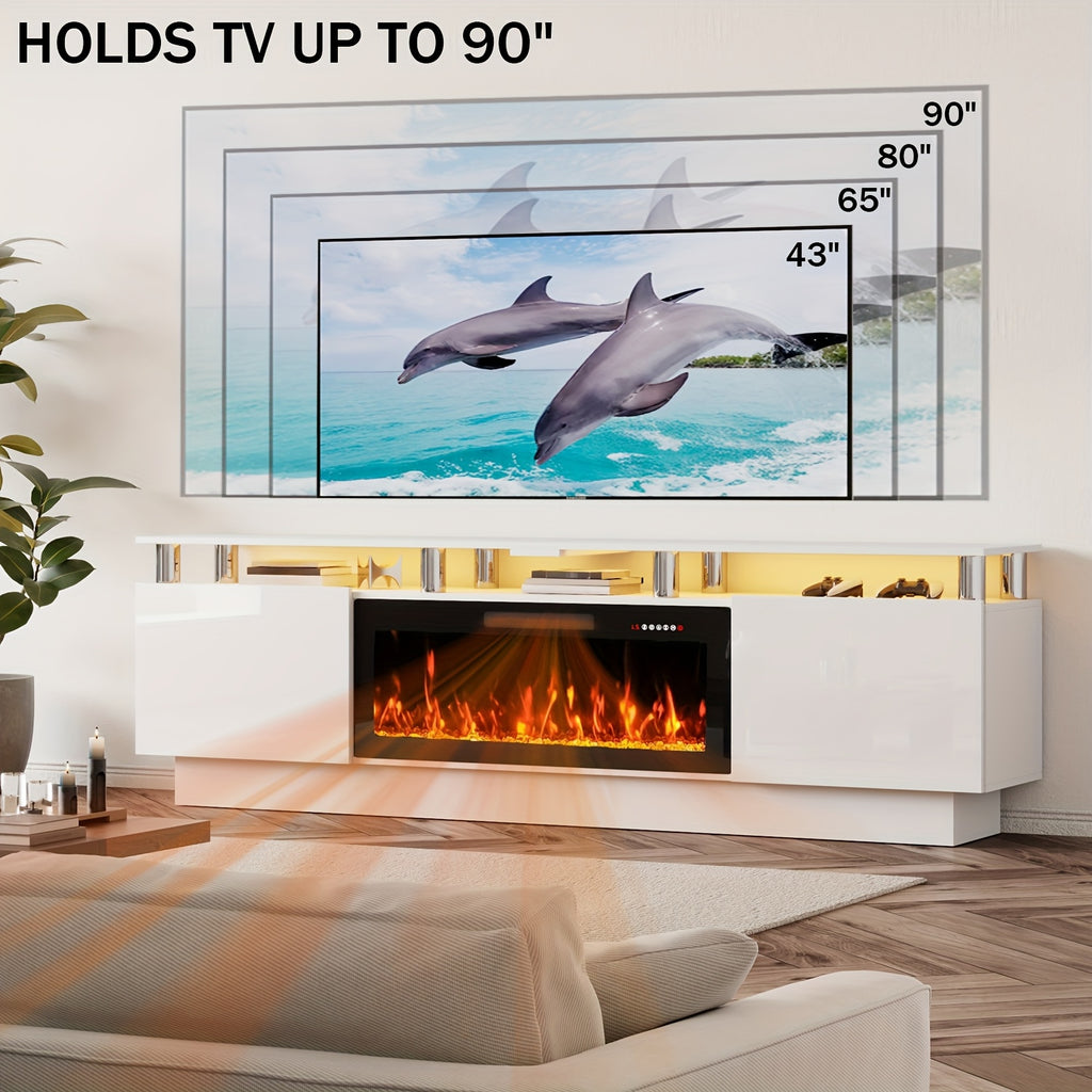 80 Inch LED Entertainment Center with 36 Inch Fireplace, for TVs Up to 90 Inches, Modern Wood TV Cabinet with High-gloss Storage, TV Stand with LED Light Strip Fireplace for Living Room