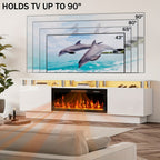 80 Inch LED Entertainment Center with 36 Inch Fireplace, for TVs Up to 90 Inches, Modern Wood TV Cabinet with High-gloss Storage, TV Stand with LED Light Strip Fireplace for Living Room