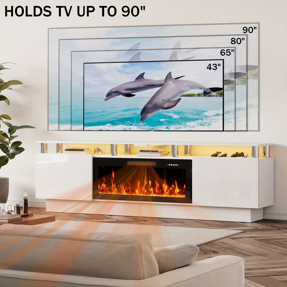 80 Inch LED Entertainment Center with 36 Inch Fireplace, for TVs Up to 90 Inches, Modern Wood TV Cabinet with High-gloss Storage, TV Stand with LED Light Strip Fireplace for Living Room