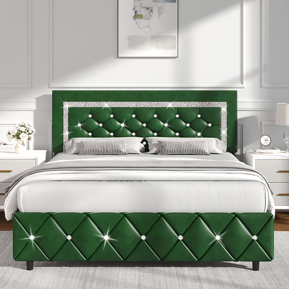 Halloween Twin Full Queen King Upholstered Bed Frame, Diamond Tufted Headboard, Faux Leather Bed Frame With Headboard & Footboard, Wooden Slats Support, No Box Spring Needed, Easy Assembly, Black/White/Pink/Green Christmas