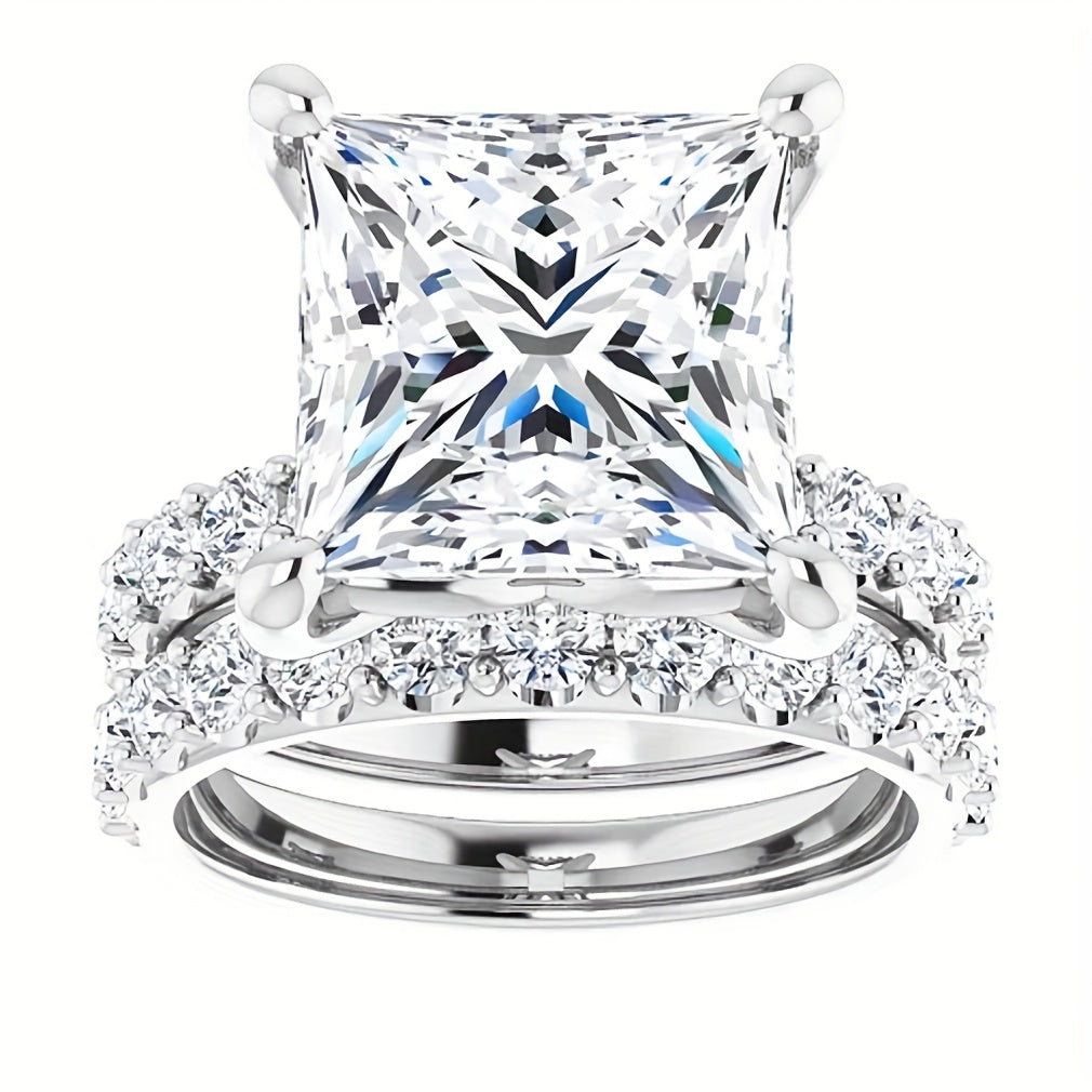 5.00 Carat Princess Cut Colorless Moissanite Engagement Ring Set, Wedding/Bridal Ring Set, Sterling Silver Vintage Anniversary Promise Ring Set Gift for Her