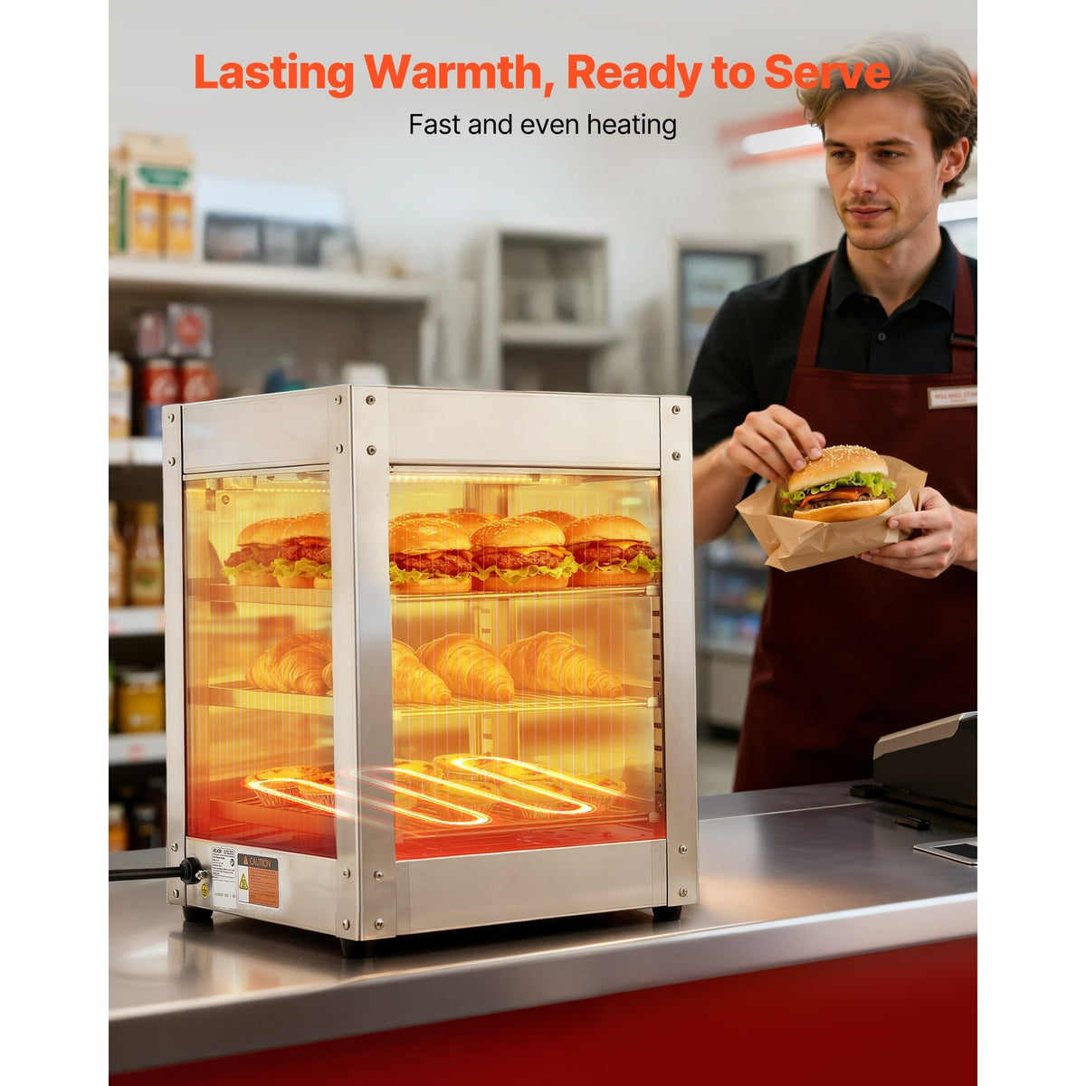 VEVOR 3-Tier/5-Tier Commercial Food Warmer Display, 14inch/15 inch 800W Food Display Warmer with LED Light, Adjustable Shelf and Stainless Steel Frame, 86℉~185℉ Air Heating, 34L for Hamburger, Pizza, Bread, Fried Chicken