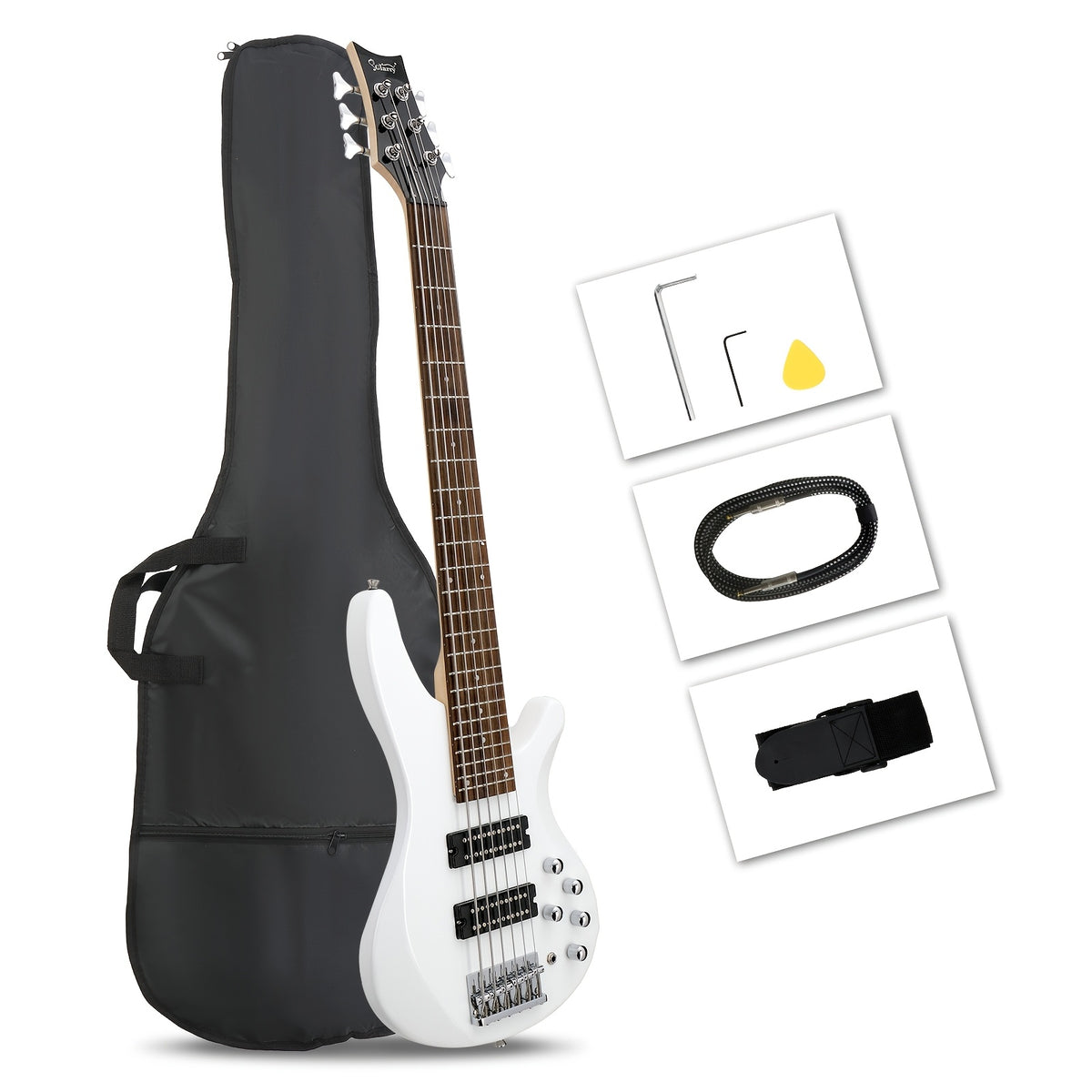 White Electric Bass Guitar with 44 Inch GIB, 6 Strings, H-H Pickups, Laurel Wood Fingerboard, And Included Bag And Additions
