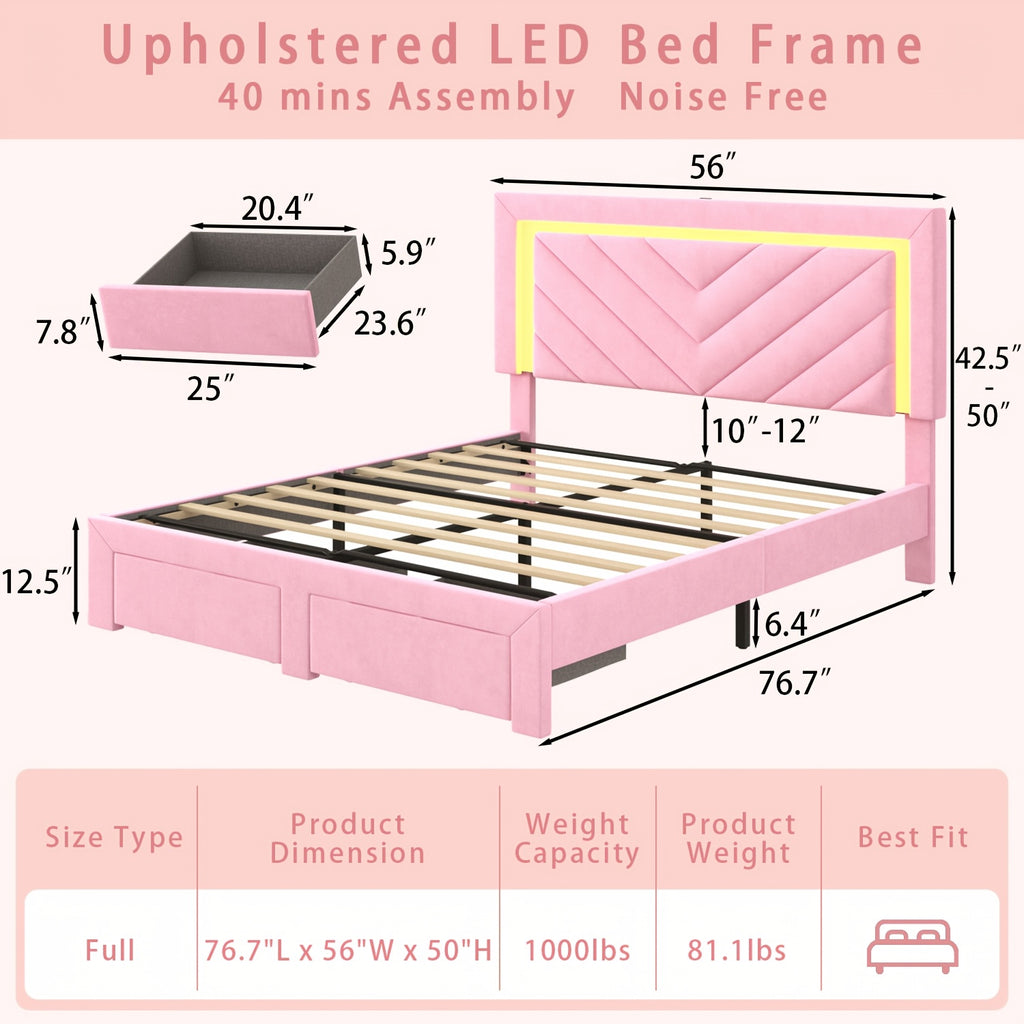 Pink Bed Frame with LED Headboard and Charging Station, 2 Storage Drawers, No Box Spring Needed, Noise Free