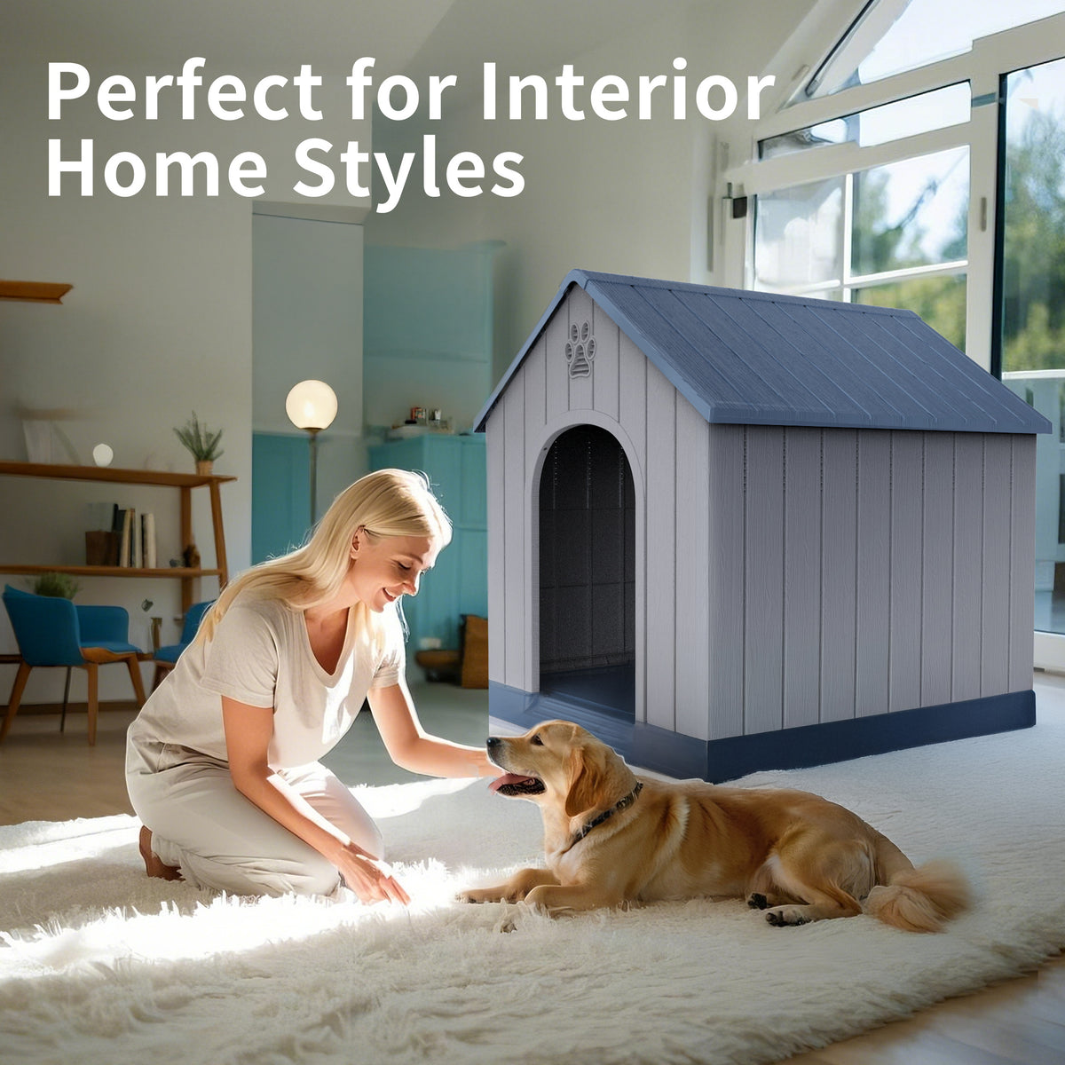 Super Big XXL 38" Outdoor Dog House For Small To Large Dogs Weatherproof Resin Pet Shelter With Peaked Roof, Raised Floor& Decorative Cut-Outs Easy Assembly Indoor/Outdoor Use Spacious Winter House For Christmas, Outdoor Weatherresistant Constructio