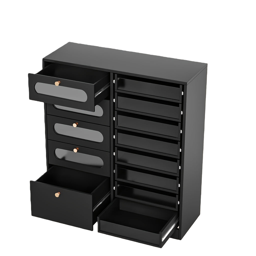 [Salon Organizer Cabinet] Nail Salon Organizer Cabinet, 32" L Floor Storage with 8 Clear & 4 Visual Drawers, Wooden Display for Polish & Powder, Beauty Salon Furniture