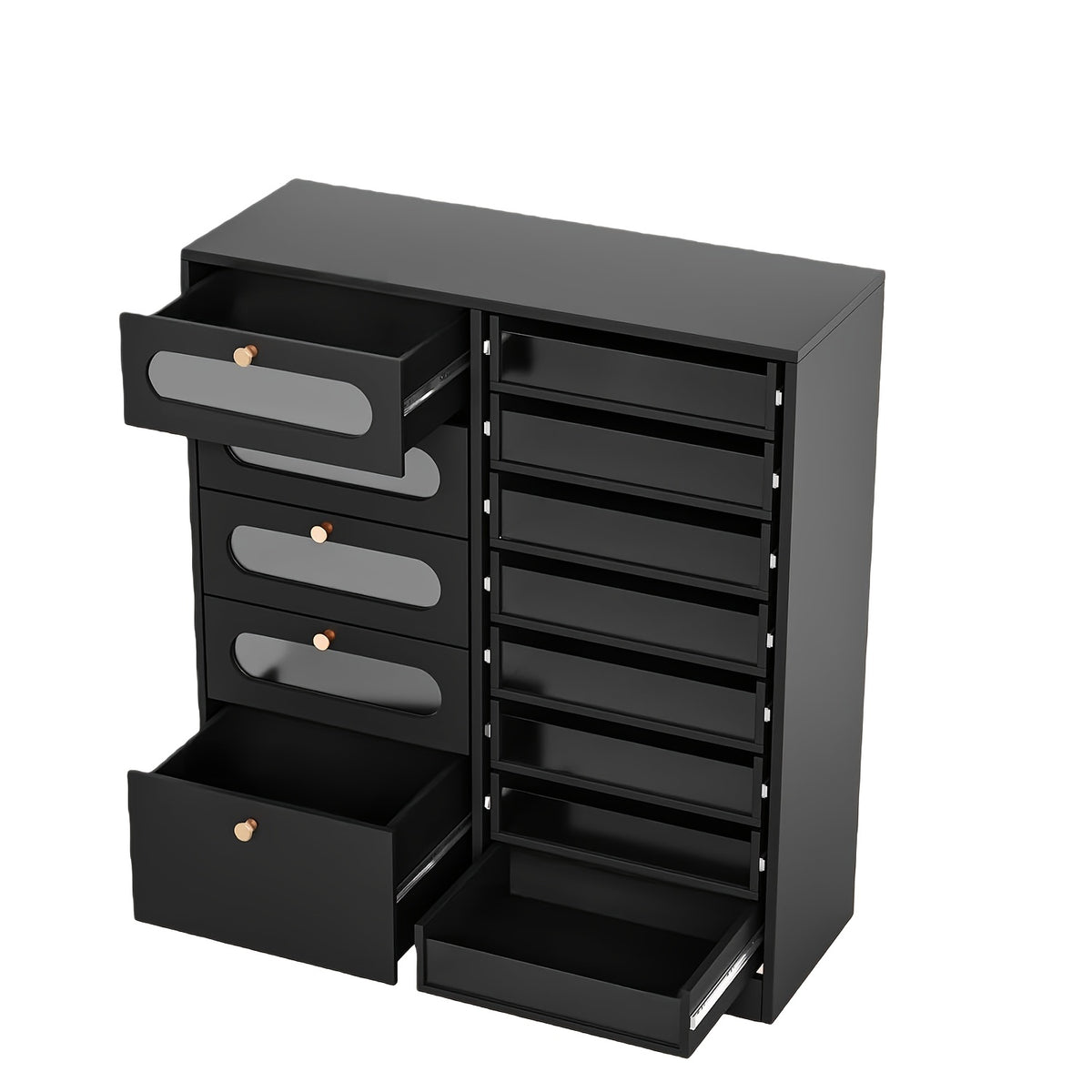 [Salon Organizer Cabinet] Nail Salon Organizer Cabinet, 32" L Floor Storage with 8 Clear & 4 Visual Drawers, Wooden Display for Polish & Powder, Beauty Salon Furniture