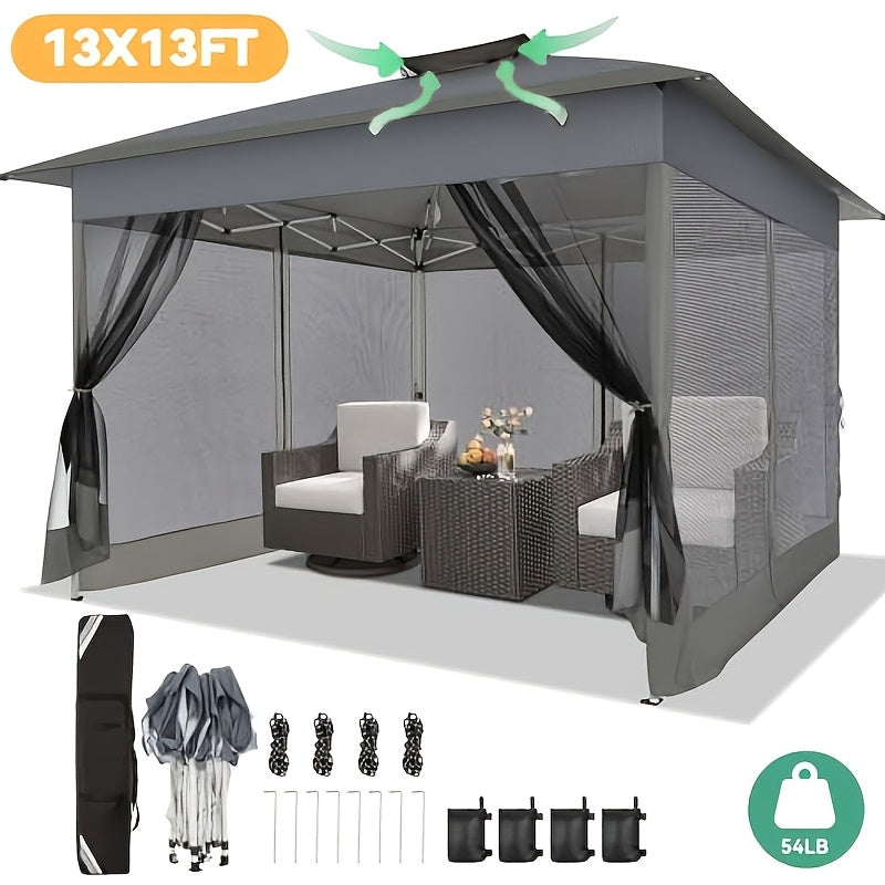 13x13ft Pop-up Gazebo Canopy Tent - Upgraded Metal Outdoor Waterproof Canopy - Portable Gazebo with Mosquito Net, 4 Ropes And 4 Sandbags, 8 Ground Pegs And Tote Bag, Suitable for Lawns, Gardens, Backyards And Patios.