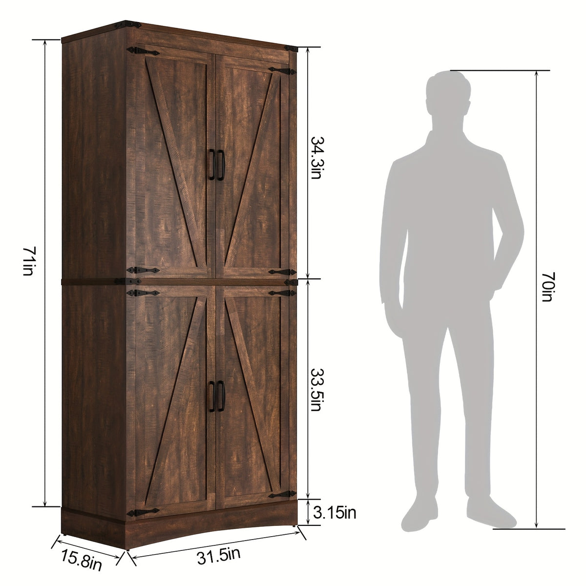 Farmhouse Tall Storage Cabinet with 4 Doors & Adjustable Shelves, 71in Pantry Cabinet for Kitchen, Living Room, Dining Room, Bathroom, Rustic Wood Storage Cabinet