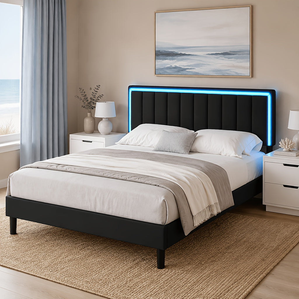 Twin Full Queen Size Bed Frame with LED Lights, Upholstered Queen Size Bed Frame with Headboard And Footboard, Heavy Duty Wood And Metal Slats Support, Noise-Free, No Box Spring Needed, Queen Bed Easy Assembly, Black, White, Pink