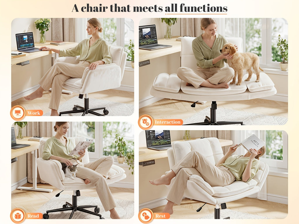 Modern Office Crossover Wheelchair, Luxurious Plush Vanity Chair with Wheels, Adjustable Armrests, Ergonomic Office Chair Suitable for Bedrooms, Computer Makeup Rooms, And Offices, Available in White, Black, Pink, And Gray, Stable And Durable