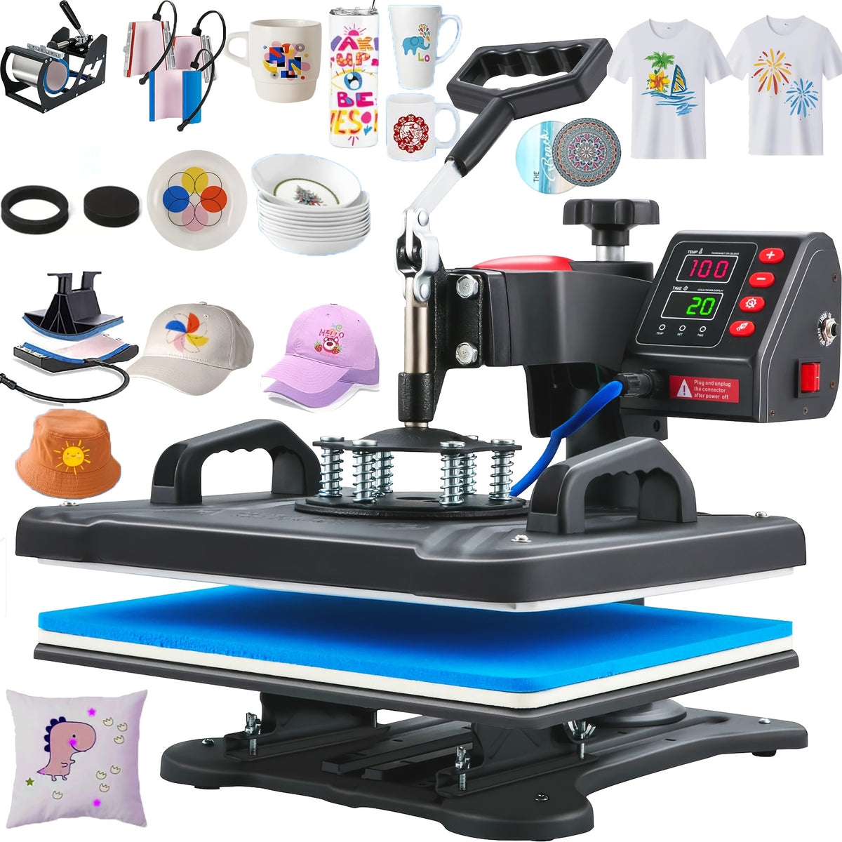 15"x15"/15"x12" - 8-in-1/ 5-in-1 Heat Press Machine Combo, Rotatable Design, Multi-Size Transfer Professional Sublimation Combination, Suitable for T-shirts, Bags, Pillows, Hats, Beanies, Roller - 3in 1 Auto Hat Press Can Only Press Hats