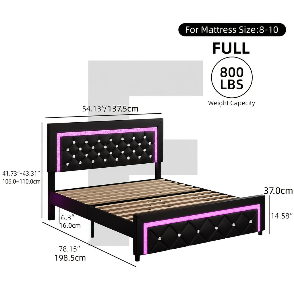 Twin Full Queen Bed Frame with LED Lights, Upholstered Platform Bed with Diamond Tufted Headboard, No Box Spring Needed, Noise Free, Easy Assembly, Black/Pink/White