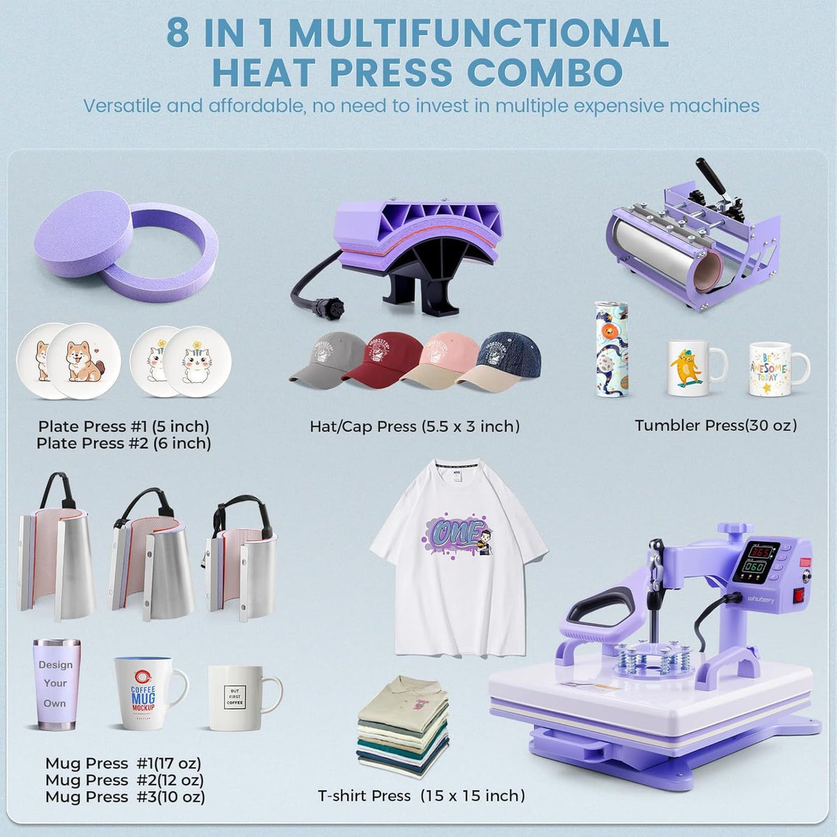 HOMDOX 15"x15" 8-in-1/5-in-1 Heat Press with 30OZ Tumbler Press for T-Shirt/Tumbler/Mug/Hat/Cap/Plate - Slide Out 360° Swing Away Digital Shirt Press Machine, Industrial-Quality Heat Transfer Sublimation