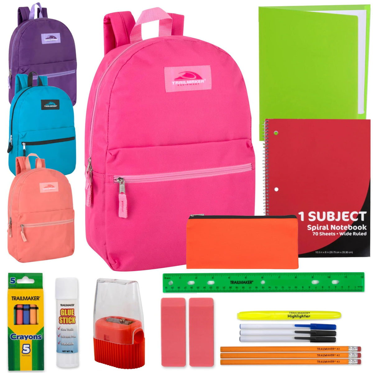 24 Pack of 17”L Classic Traditional Color Backpacks with 20 Piece Stationary Kits Containing 1 Notebook, 1 Folder, 3 Pencils, 3 Pens, 1 Pencil Sharpener, 2 Erasers & More!