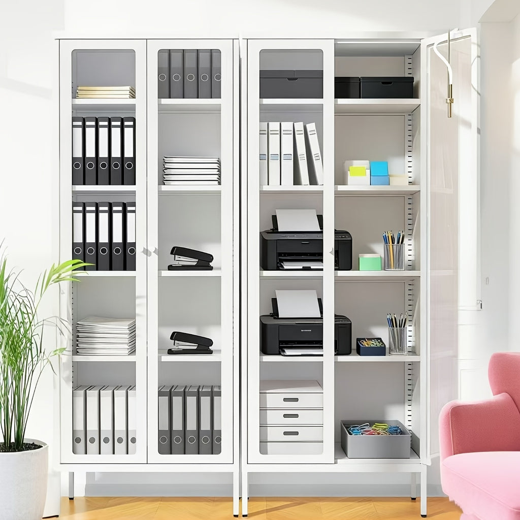 67 Inch Metal Storage Cabinet, Tall Curio Display Glass Cabinet Bookcase with 2 Glass Doors And 4 Shelves, Modern Floor Utility Locker for Office Living Room Bathroom Home Entryway