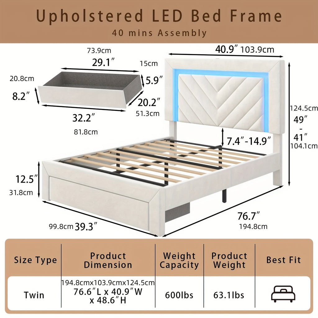 Platform Bed Frame with LED Adjustable Headboard, Upholstered Bed Frame with Storage Drawers And Charging Station, Twin, Full, Queen, No Box Spring Needed, Noise Free