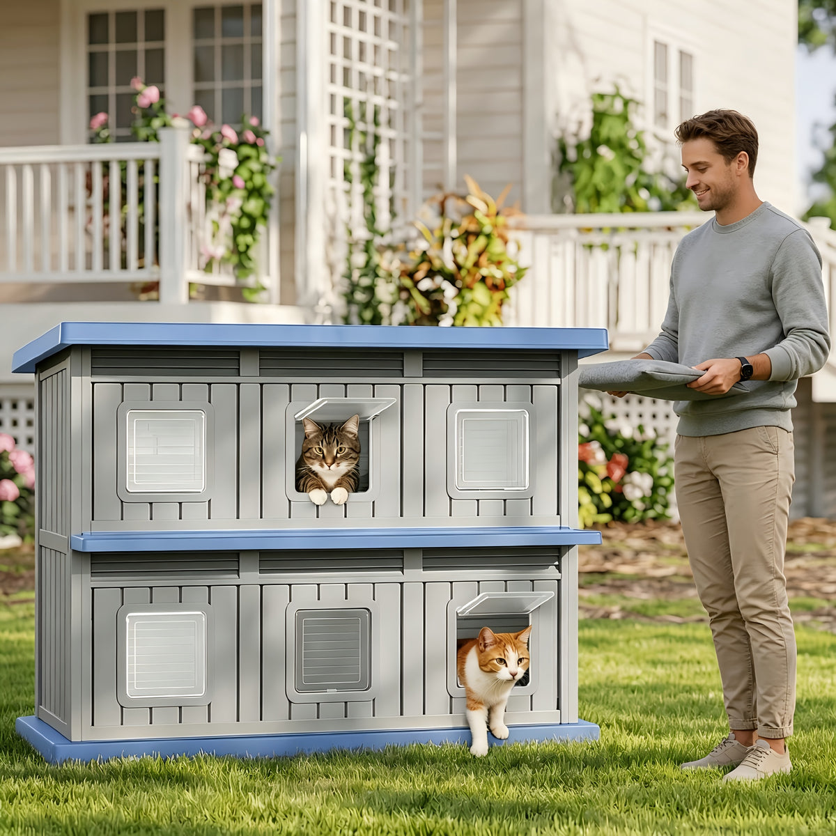 2-Tier Outdoor Cat House, Weatherproof Cat Shelter with 6 Doors & Ventilation, All-Weather Cat Apartment for Stray/Indoor Cats, Perfect for Backyard, Garden, Patio, 2 Colors Available, Grey-Black And Grey-Blue