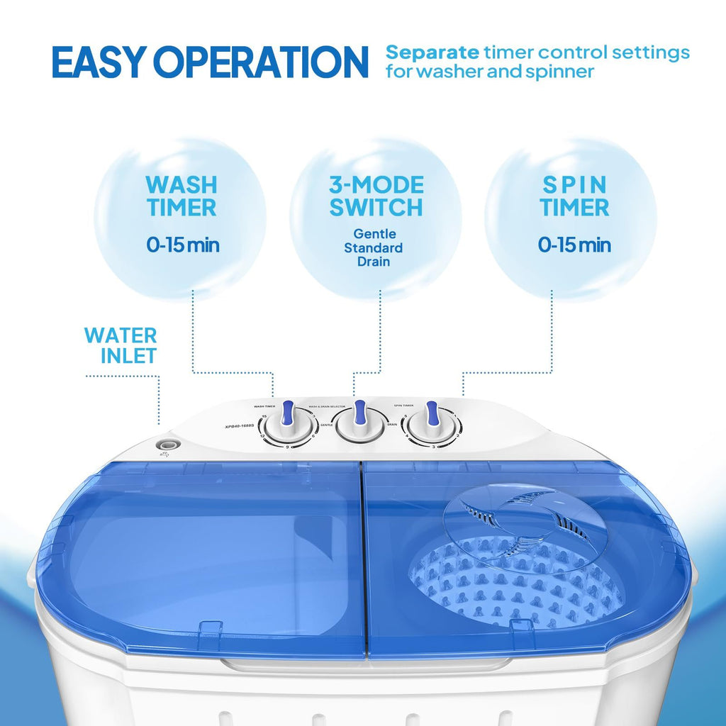 Portable Washing Machine - Compact Twin Tub Mini Washer & Spin Dryer Combo with Built-in Gravity Drain, 110V Electric Laundry Machine for Apartments, Dorms, RV, Camping - Energy Efficient, Quiet, Space Saving, No Installation Required, Quick Wash, Low Wat
