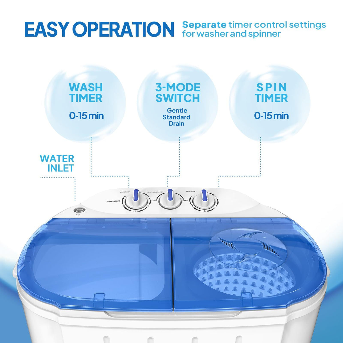 Portable Washing Machine - Compact Twin Tub Mini Washer & Spin Dryer Combo with Built-in Gravity Drain, 110V Electric Laundry Machine for Apartments, Dorms, RV, Camping - Energy Efficient, Quiet, Space Saving, No Installation Required, Quick Wash, Low Wat
