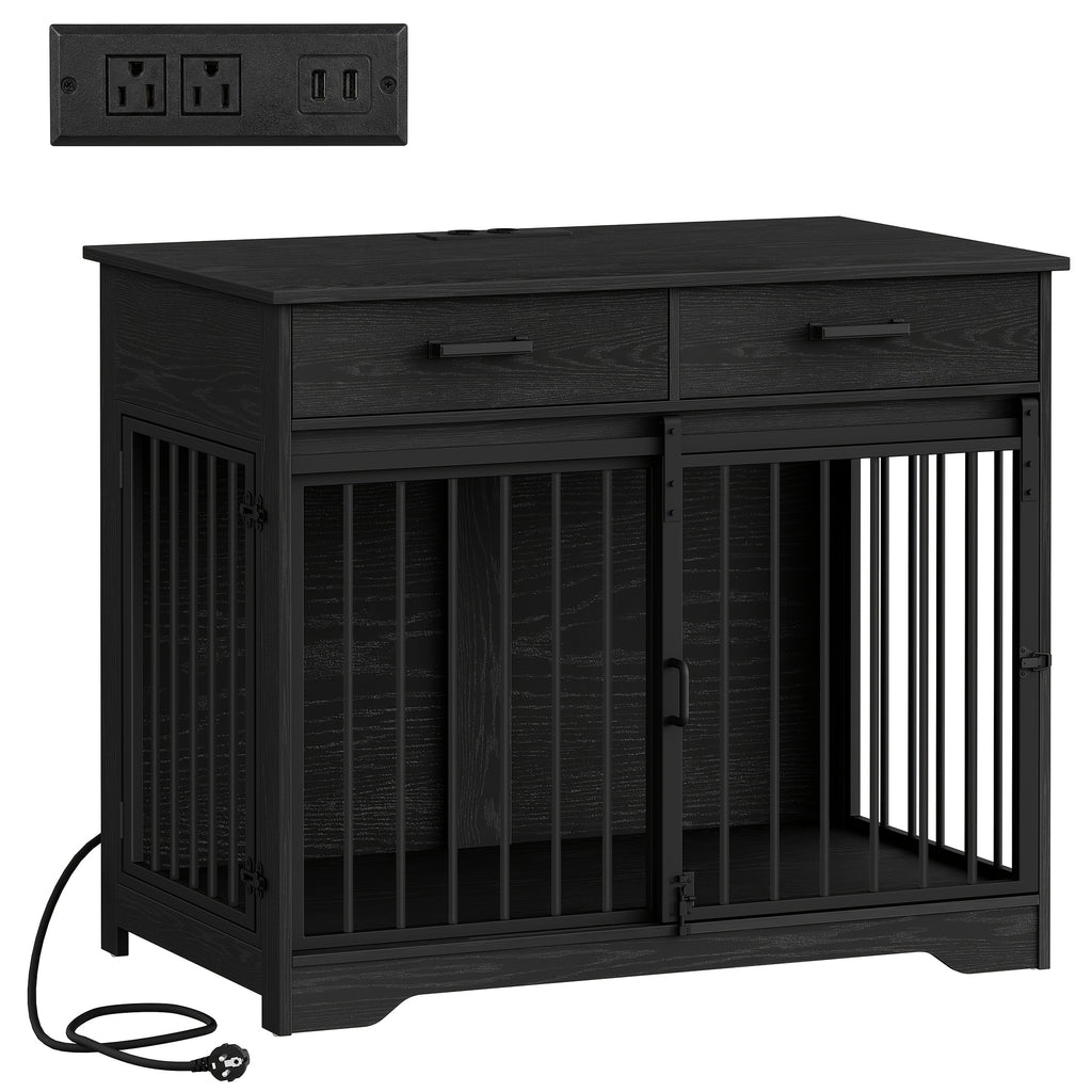 38.2'' Dog Crate Furniture with Charging Station, Barn Door Dog Kennel Indoor with 2 Storage Drawers, Wooden Pet Cage End Side Table for Medium/Large Dogs, Chew-Proof, Black/White Brown