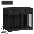 38.2'' Dog Crate Furniture with Charging Station, Barn Door Dog Kennel Indoor with 2 Storage Drawers, Wooden Pet Cage End Side Table for Medium/Large Dogs, Chew-Proof, Black/White Brown